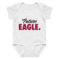May include: A white baby bodysuit with short sleeves. The bodysuit has the words 'Future EAGLE.' printed on the front in black script and maroon block letters. The bodysuit has a round neckline and snaps at the bottom for easy changing. (etsy image id: 7312374193)