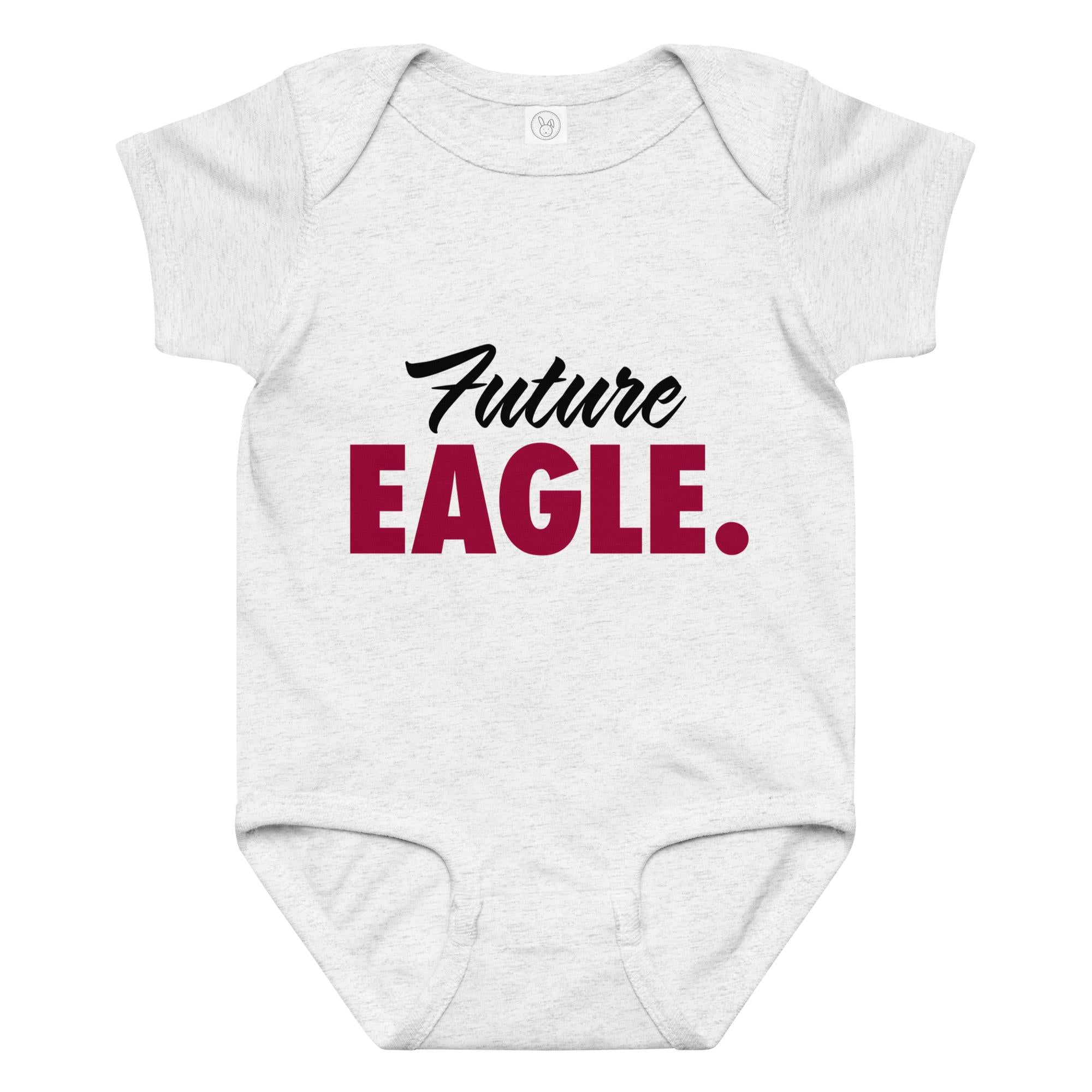 May include: A white baby bodysuit with short sleeves. The bodysuit has the words 'Future EAGLE.' printed on the front in black script and maroon block letters. The bodysuit has a round neckline and snaps at the bottom for easy changing. (etsy image id: 7312374193)