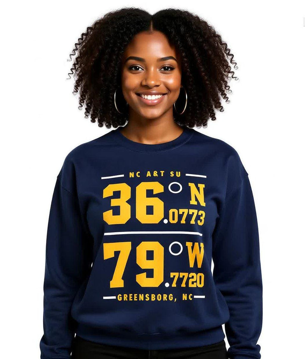 NCAT - NC A&T Coordinates Unisex Sweatshirt or Tee  (Navy) (etsy image id: 7659482540)
